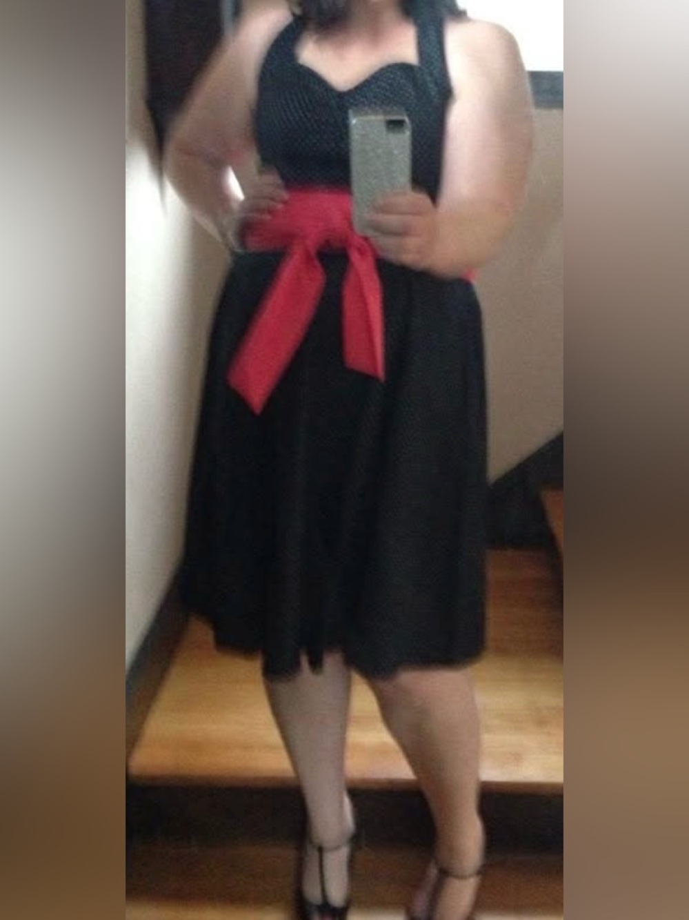 Modcloth Black Polkadot Halter Midi Dress with Bright Pink Sash